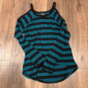 Peekaboo shoulder Black&Blue Striped Shirt